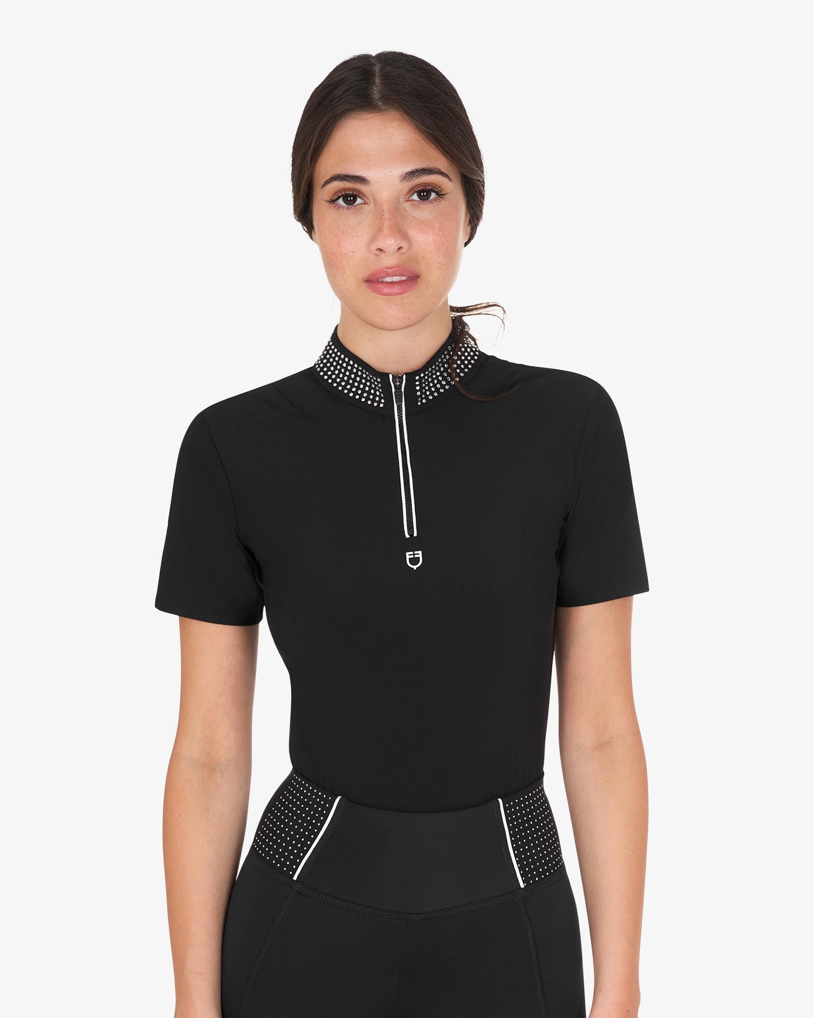Polo training donna slim fit con zip e strass sul colletto 2026