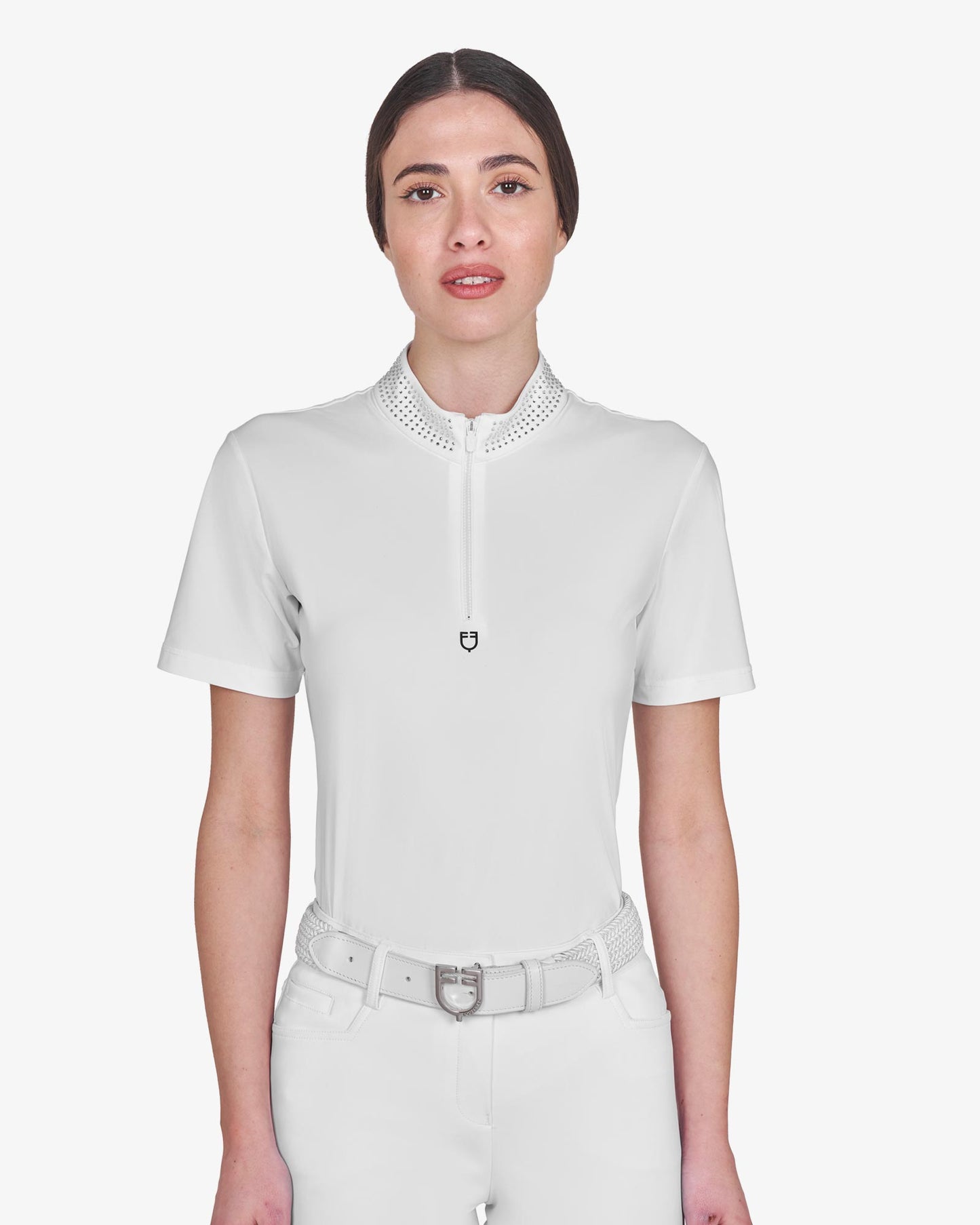 Polo training donna slim fit con zip e strass sul colletto 2026