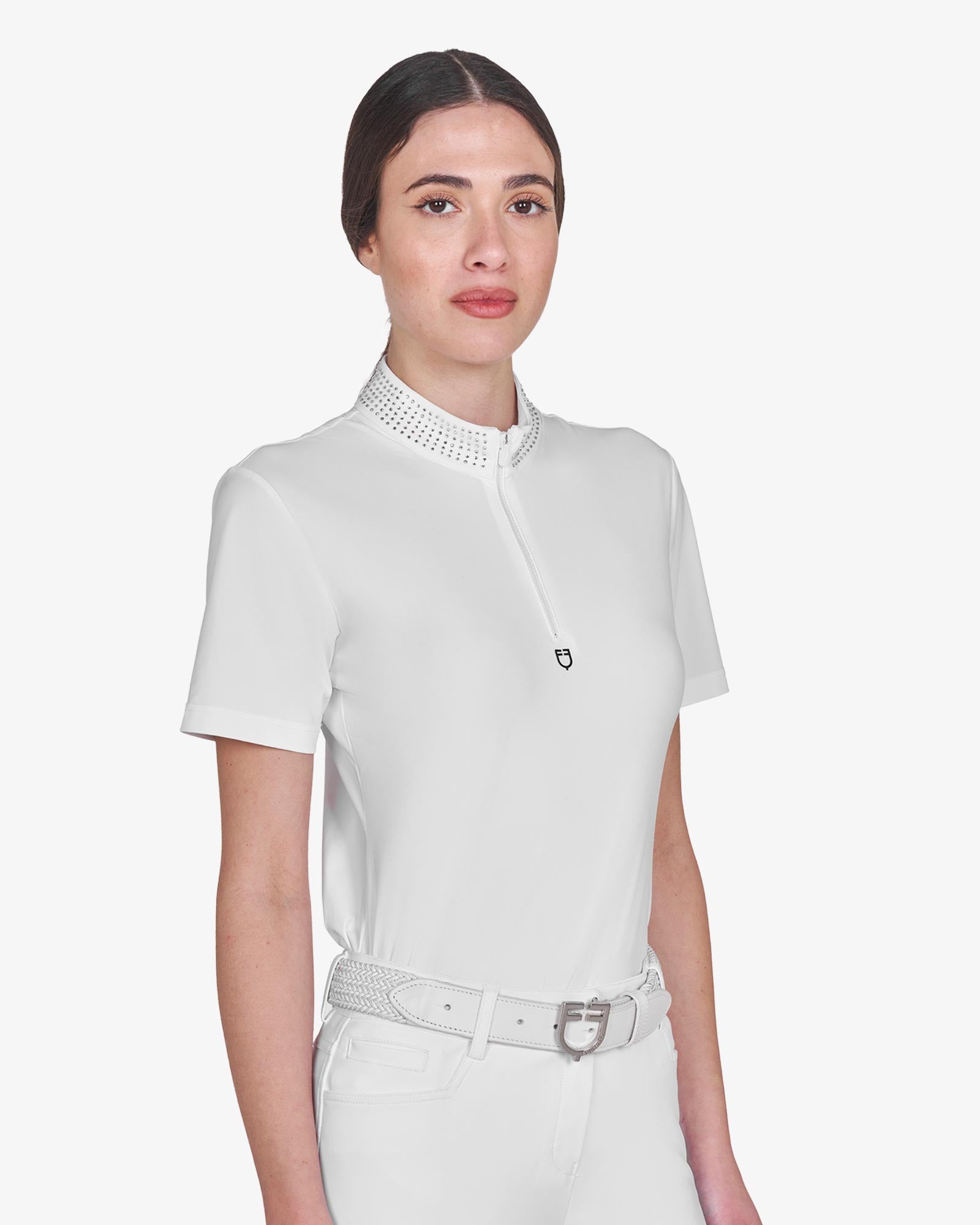 Polo training donna slim fit con zip e strass sul colletto 2026